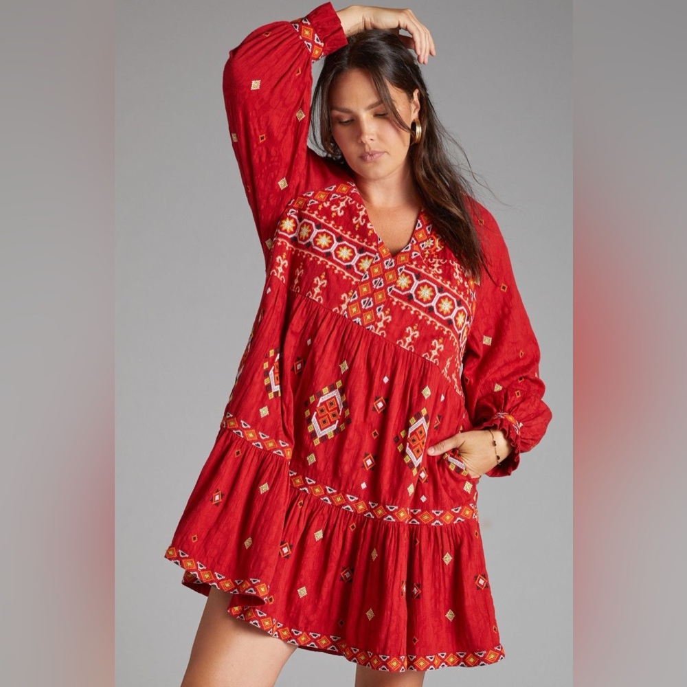 Anthropology Red Embroidered Tunic Dress Cotton/Modal 2X